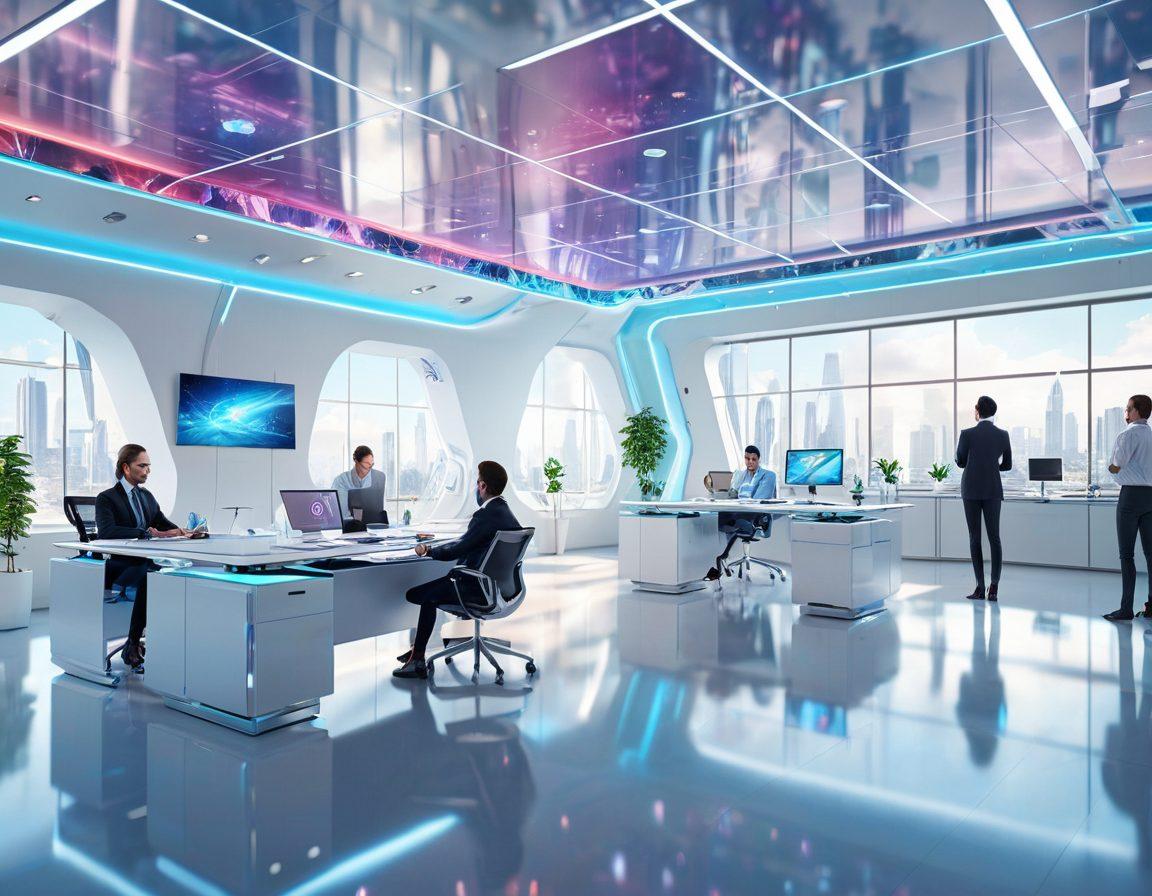A futuristic office space set among fluffy, white clouds, with digital holographic virtual desktops floating seamlessly in the air, displaying complex yet sleek user interfaces. Employees are seen collaborating effortlessly using these holograms. The overall environment is bright, airy, and infused with innovation. 3D. Vibrant colors. High-tech ambiance.