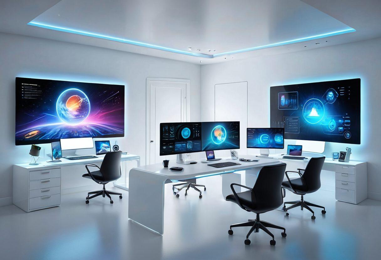 A futuristic home office setup with holographic screens and virtual desktops floating around, showcasing remote workers collaborating in various virtual environments. Encompass high-tech gadgets, a serene home background, and dynamic interactions. vibrant colors. super-realistic. white background.