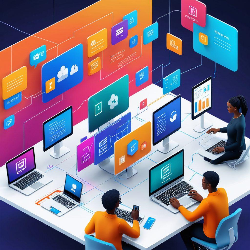 A modern, vibrant graphic showing a diverse team seamlessly collaborating across different locations using online workspaces. Include elements like desktops, laptops, and smartphones connected via a shared virtual interface with visible documents, charts, and messaging apps. Showcase a smooth workflow with a unified, interconnected network. vibrant colors. 3D.